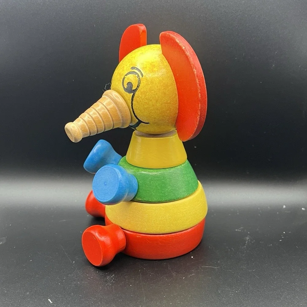 VTG Elephant Wooden Stacking Puzzle 1960s Red Blue Yellow ~ FUN